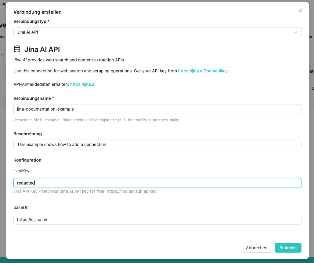 Create Connection dialog showing Jina API type