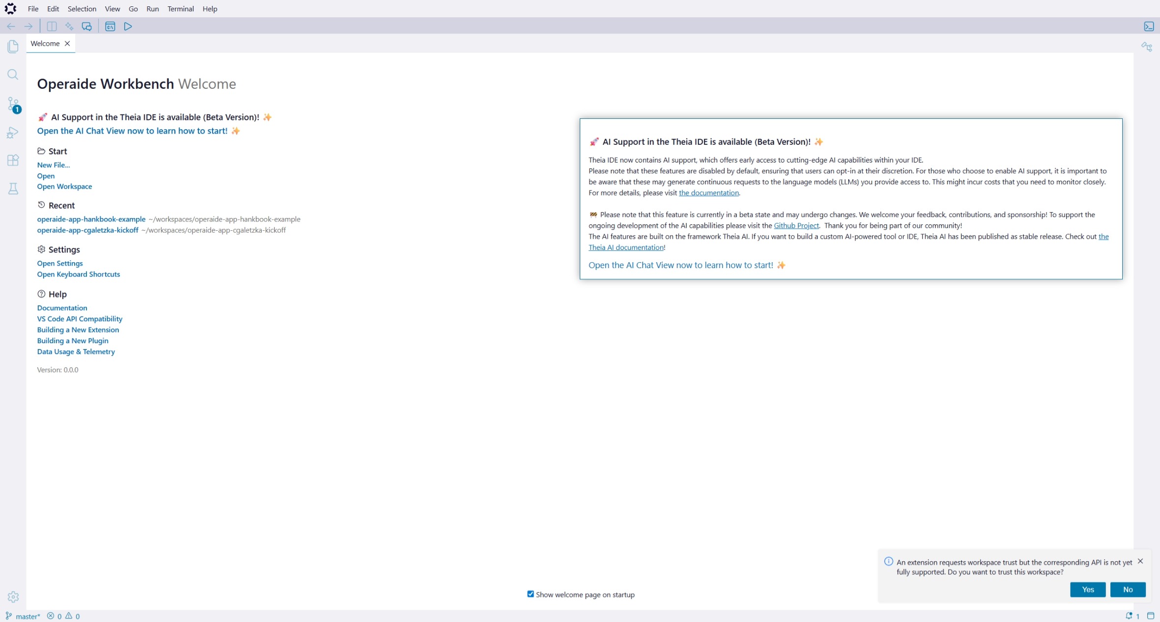 Operaide Studio Welcome Page